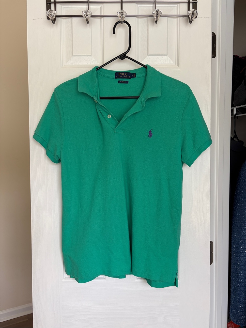 Ralph Lauren mens Polo shirt in green with purple logo Large